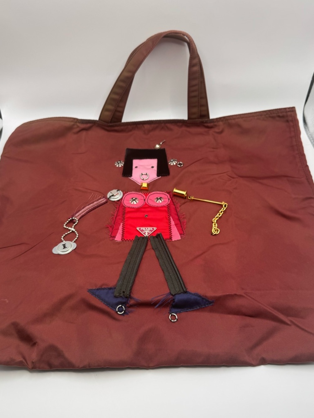 Prada Nylon Tote Bag Brown Robot Applique Shoulder Bag Italy Large Shopper